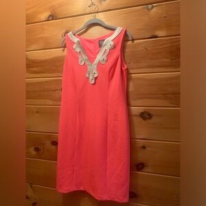 Vince Camuto Womens Neon Pink Sleeveless Shift Dress Embroidered Neck size 6
